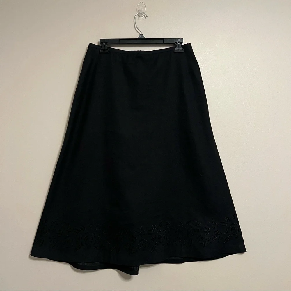 Vintage Talbots Skirt sz 10 Petite Black Linen Floral Cutouts Eyelet A Line Midi